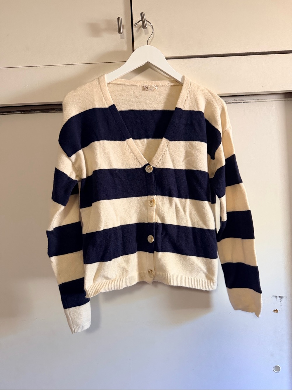 Hem & Thread Striped V-Neck Button Cardigan - Navy and Cream Size S